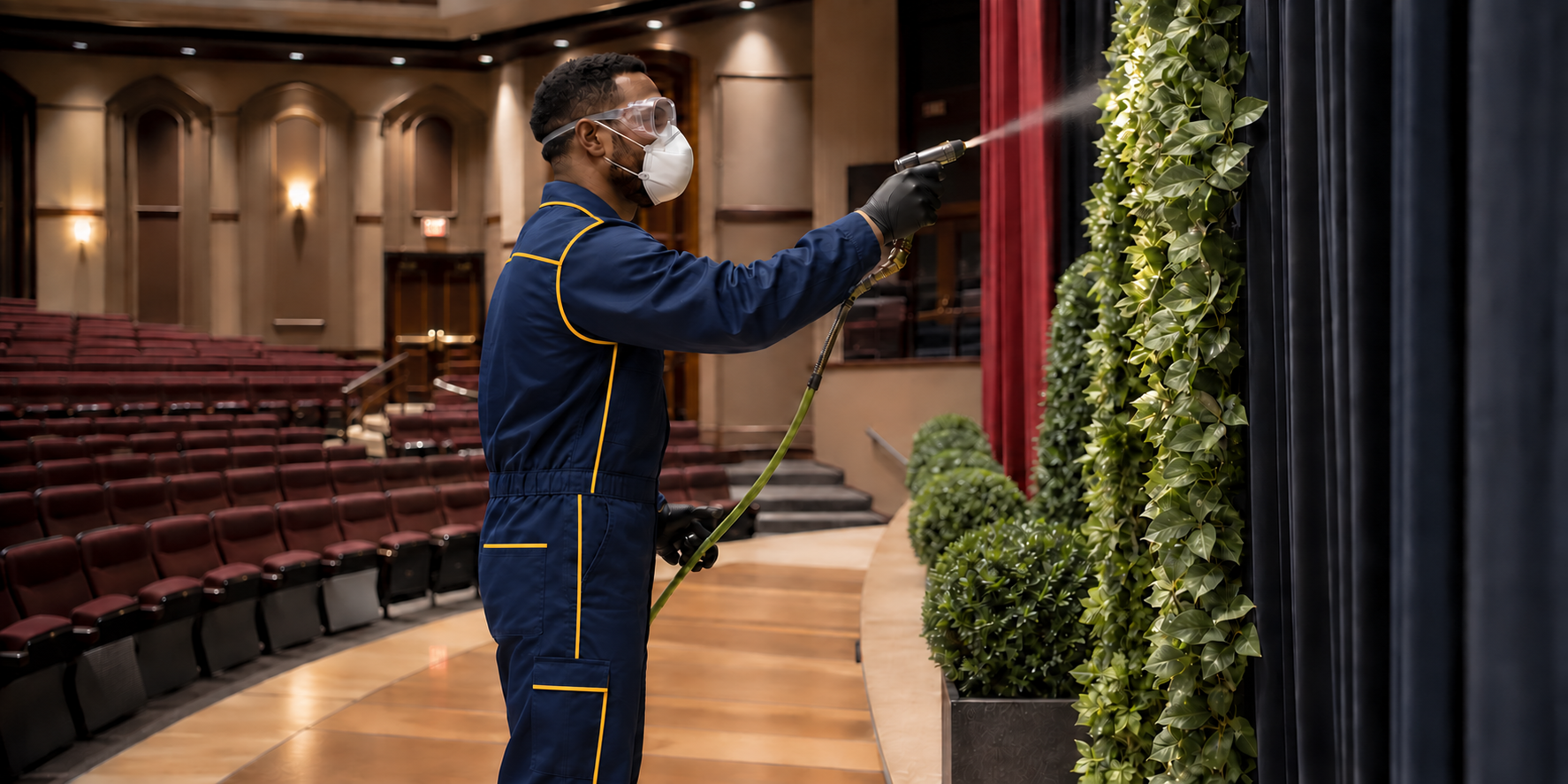 Technician in a navy-and-gold uniform flameproofing artificial greenery in a finished auditorium
